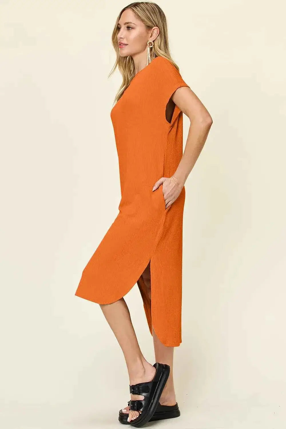 Round Neck Short Sleeve Slit Dress
