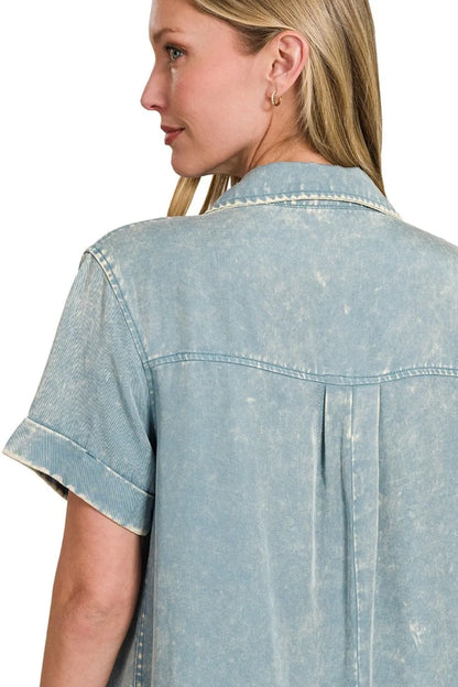 Zenana Tencel Mineral Washed Collared Shirts Dress in Blue Grey