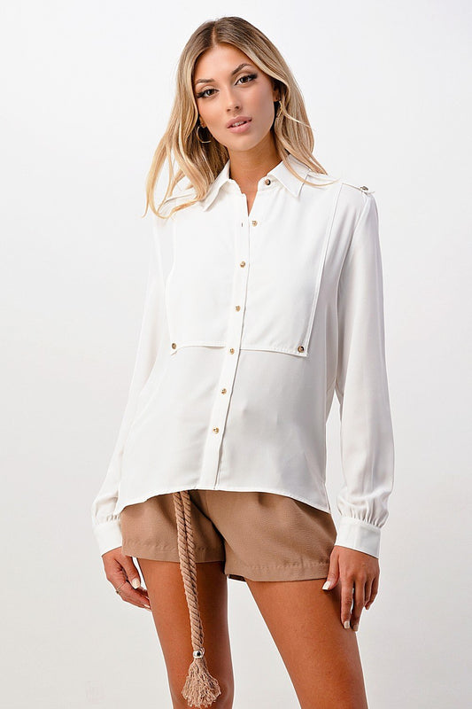 Long Sleeve Button-Down Blouse with Gold Button Accents | Apparel | Kitchen + Metal