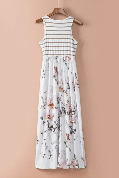 White Boho Stripes & Floral Print Floor Length Tank Dress