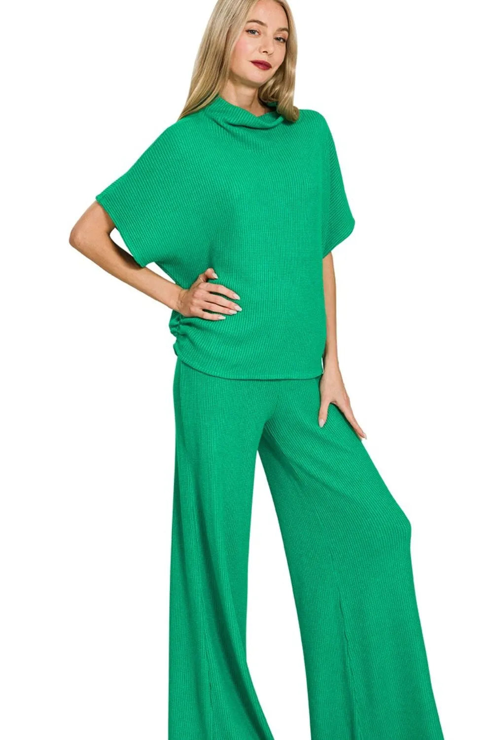 Zenana Sweater Mock Neck Top & Long Pants Set in Green