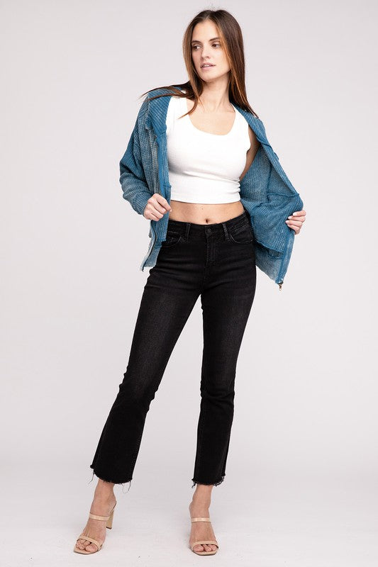ZENANA Acid Wash Cotton Waffle Hooded Zip-Up Jacket