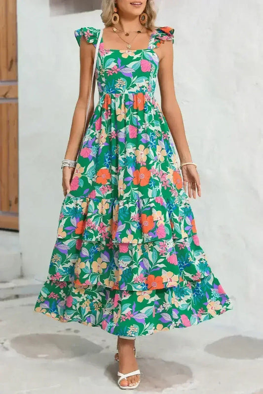 Green Boho Floral Print Ruffle Sleeveless Tiered Maxi Dress