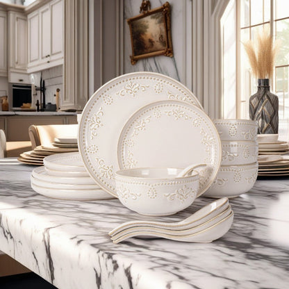 Artena Floral Embossed Ceramic Dinner Plate Set  27cm  22cm Microwave