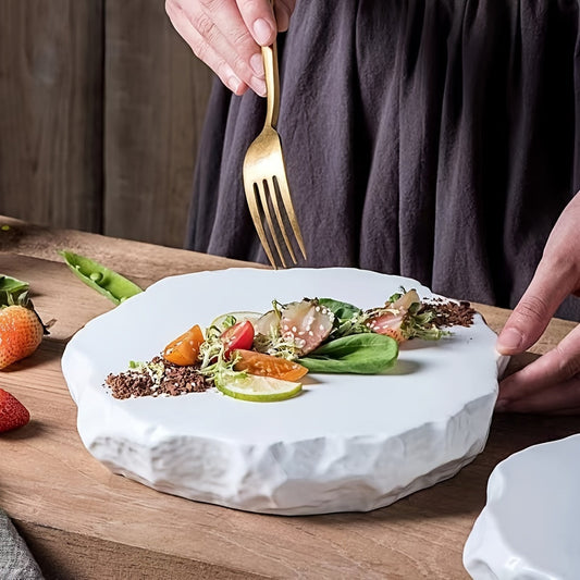 White Ceramic Dinner Plate with Unique Stone Pattern