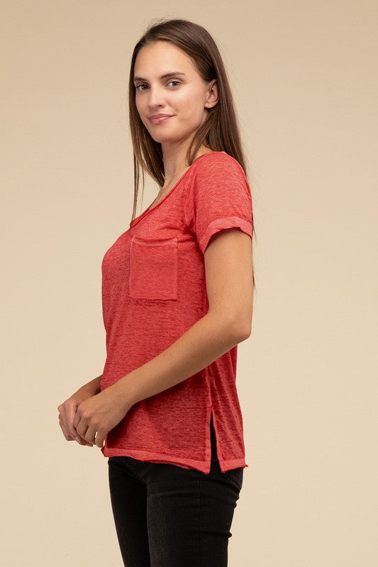 ZENANA Washed Melange Burnout Scoop V-Neck Top