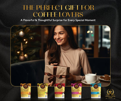 Woman holding a gift box with coffee packaging displayed below, set against a blurred cafe background.