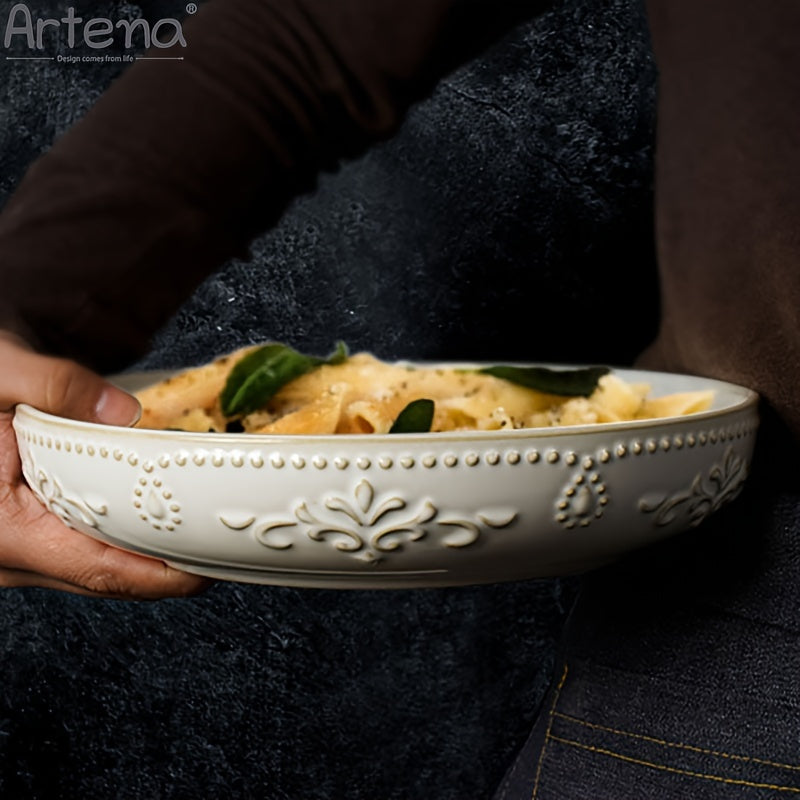 Artena Embossed Damask 24cm Large Ceramic Pasta Bowl | Kitchen + Metal