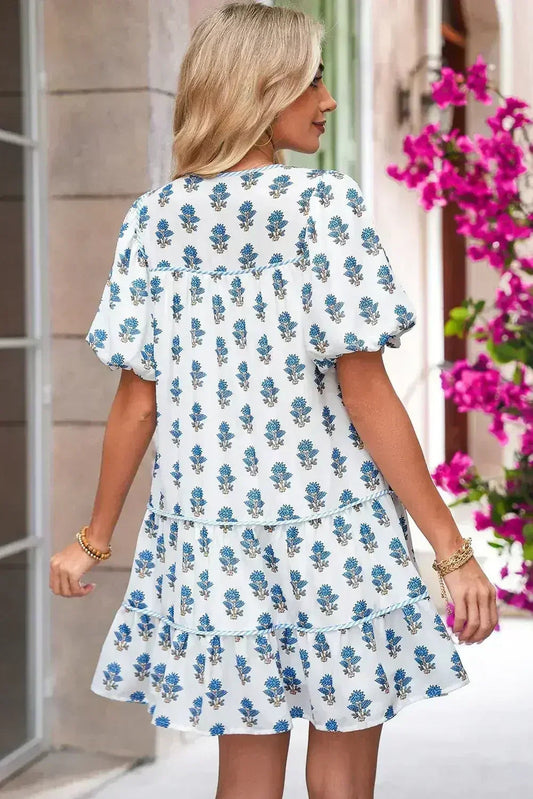 Sky Blue Floral Print Puff Sleeve Tiered Mini Dress