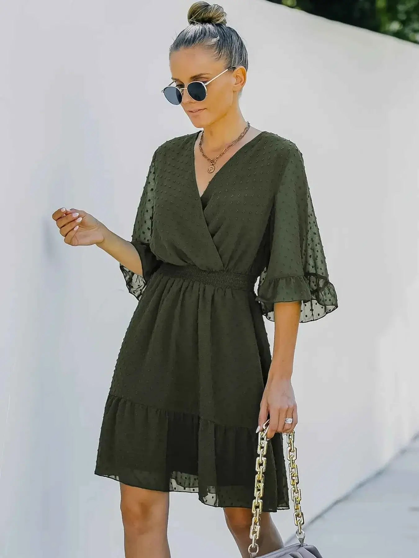 Swiss Dot Dress with Flare Sleeves - Mini Wrap Style