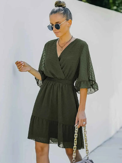 Swiss Dot Dress with Flare Sleeves - Mini Wrap Style