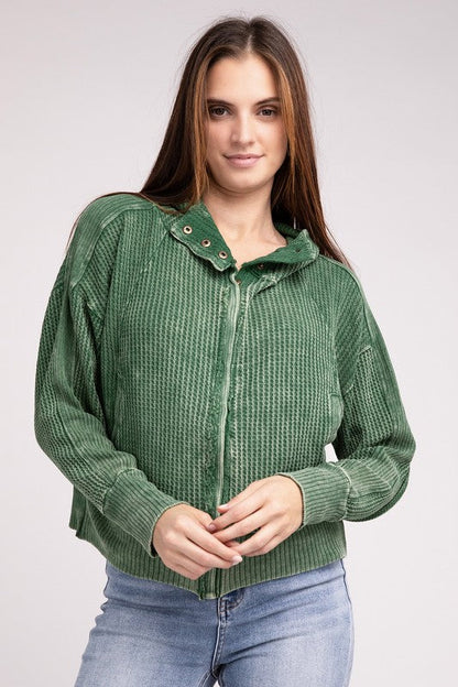ZENANA Acid Wash Cotton Waffle Hooded Zip-Up Jacket