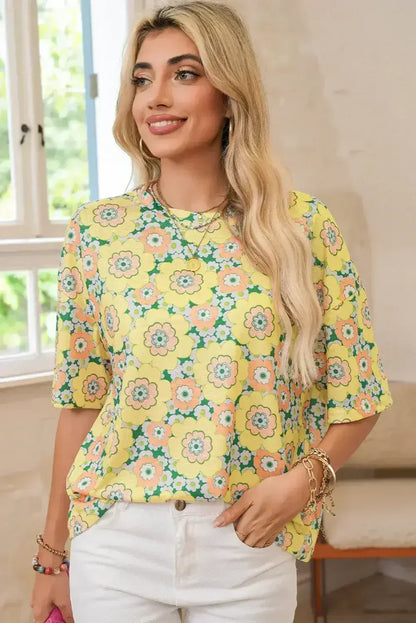 Yellow Summer Flower Print Drop Shoulder Loose T Shirt