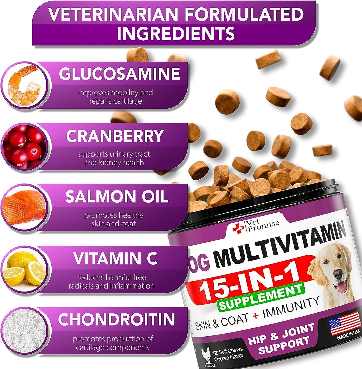 Dog multivitamin supplement with ingredients listed and product packaging.