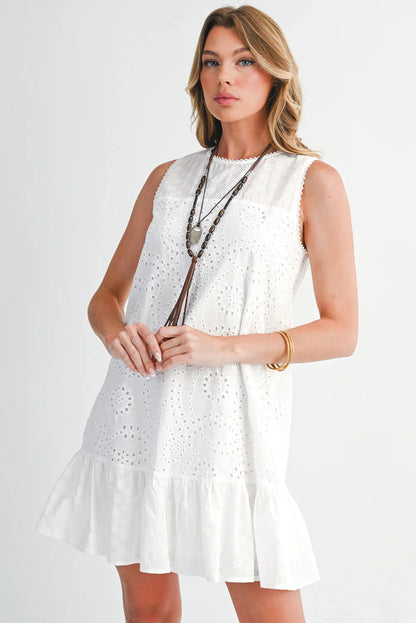 White Floral Eyelet Embroidered Sleeveless Shift Dress