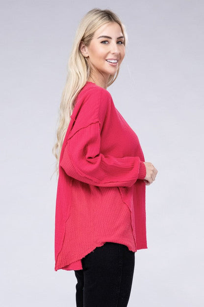 ZENANA Double Gauze Oversized 3/4 Button Henley Neck Top