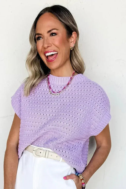 Lavendula Solid Color Ribbed Trim Pointelle Knit Top