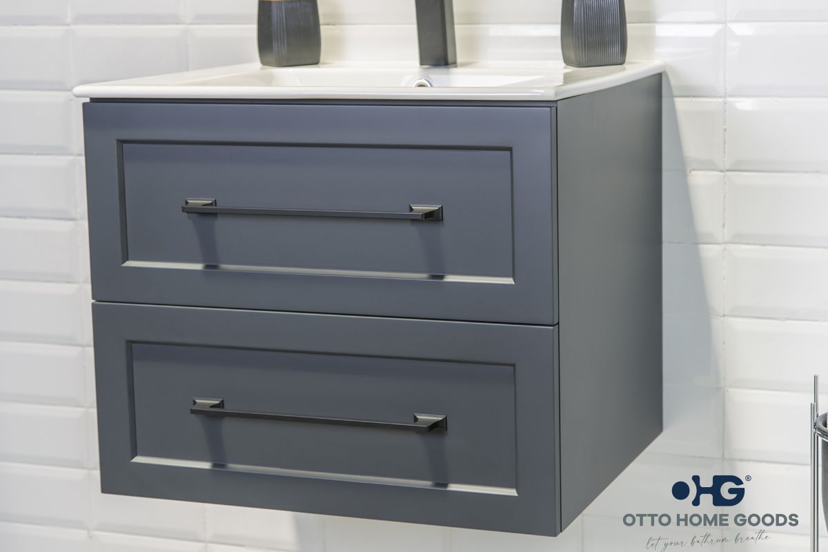 Nova 24" Dark Gray Floating Bathroom Vanity with Porcelain Top & Black Hardware