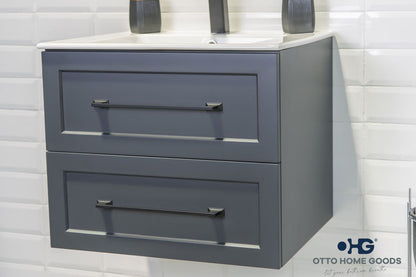 Nova 24" Dark Gray Floating Bathroom Vanity with Porcelain Top & Black Hardware