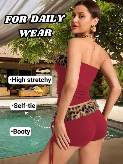 Valentine Leopard Costume - Strapless Crop Top and Low Rise Shorts - Club Going Out Outfit