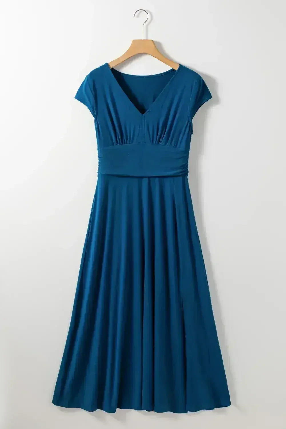 Black Deep V Neck Ruched High Waist Midi Dress