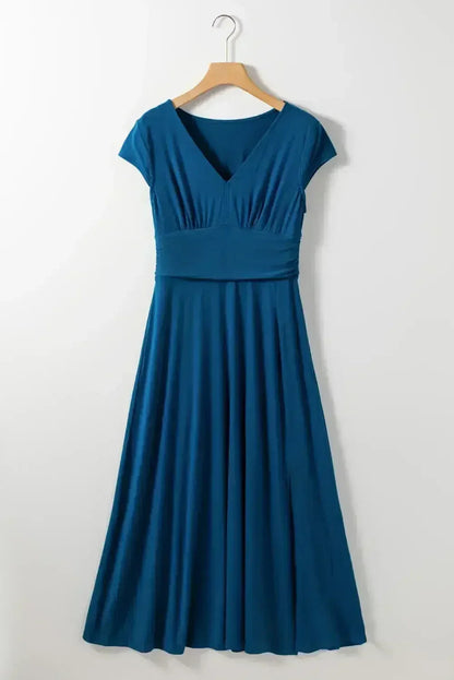 Black Deep V Neck Ruched High Waist Midi Dress
