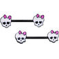 14G 9/16 Aurora Gem Black Kawaii Skull Barbell Nipple Ring Set
