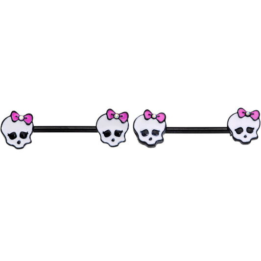 14G 9/16 Aurora Gem Black Kawaii Skull Barbell Nipple Ring Set