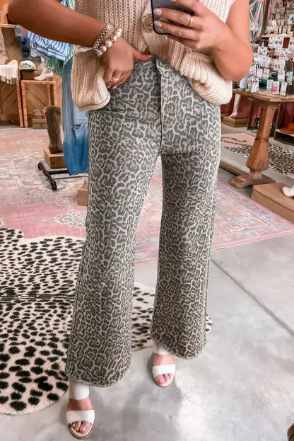 Brown Leopard High Waist Frayed Hem Jeans