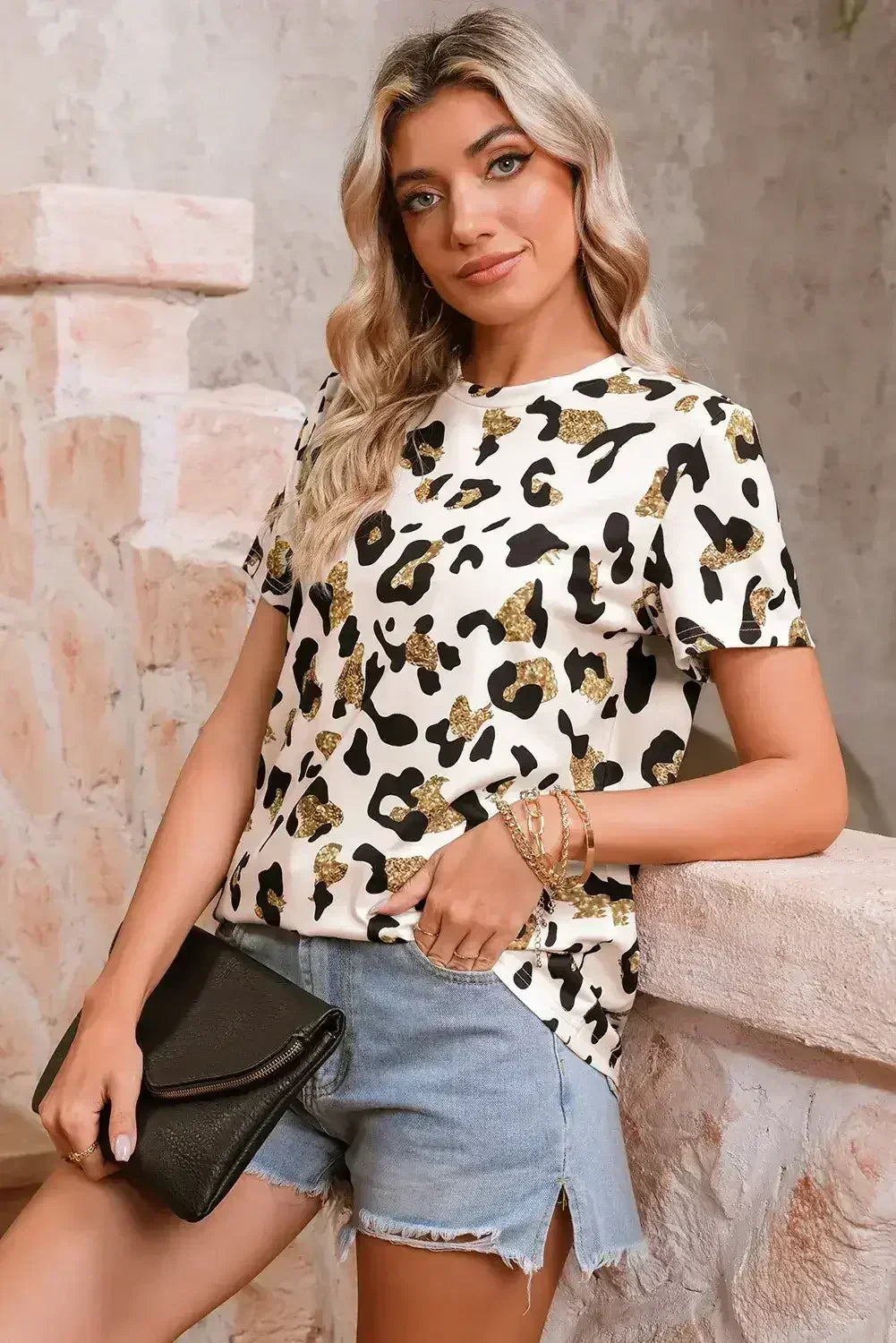 Apricot Leopard Print Round Neck Casual T Shirt