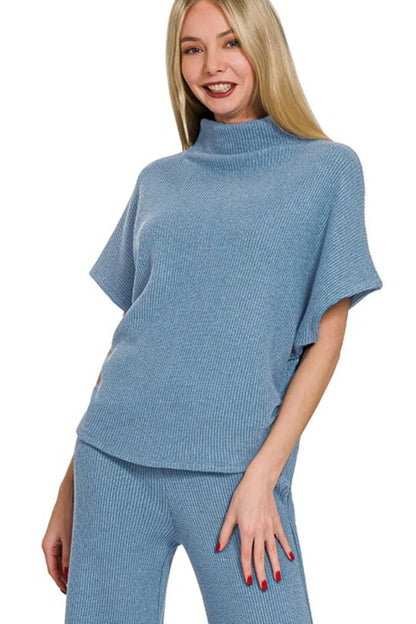 Zenana Sweater Mock Neck Top & Long Pants Set in Dusty Blue