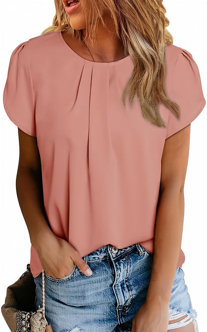 Polyester Blouses - Women's Chiffon Blouse Short Sleeve Pleated Top with Keyhole Back Detail