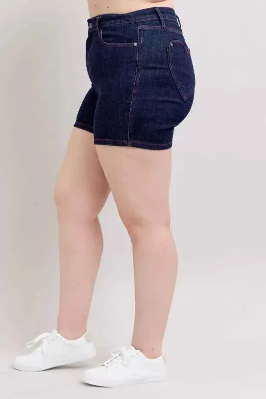 Judy Blue Plus Size High Waist Denim Shorts with Heart Shaped Pockets & Red Contrast Thread