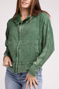 ZENANA Acid Wash Cotton Waffle Hooded Zip-Up Jacket
