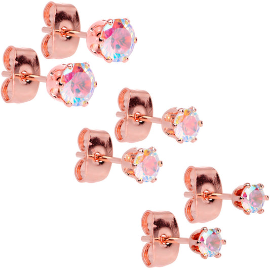 20G Aurora CZ Gem Rose Gold Tone Post Stud Earring Set of 6