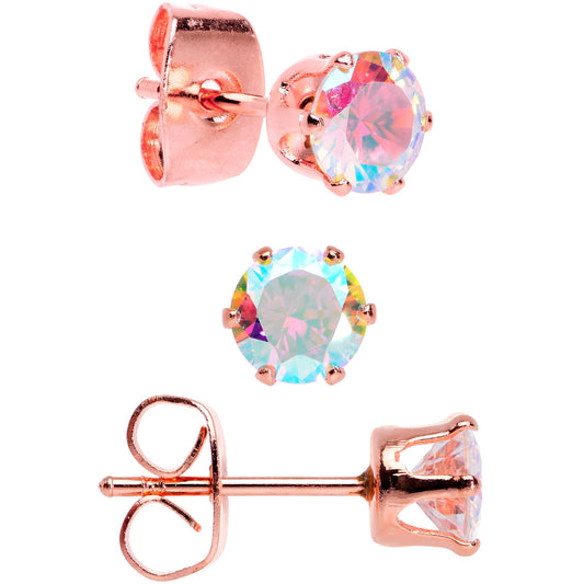 20G Aurora CZ Gem Rose Gold Tone Post Stud Earring Set of 6