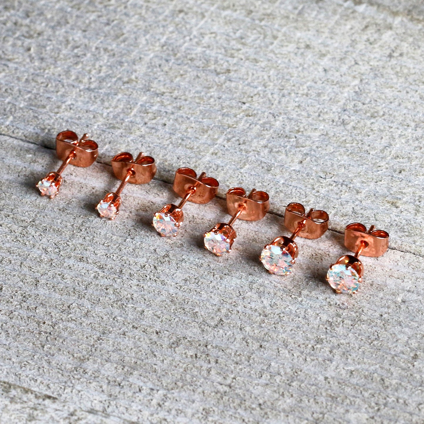20G Aurora CZ Gem Rose Gold Tone Post Stud Earring Set of 6