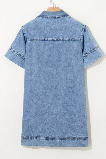 Beau Blue Short Sleeve Collared Chest Pocket Denim Mini Dress