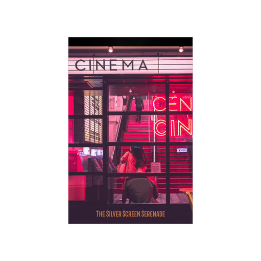 Cinema poster with neon lights and people inside a theater.
