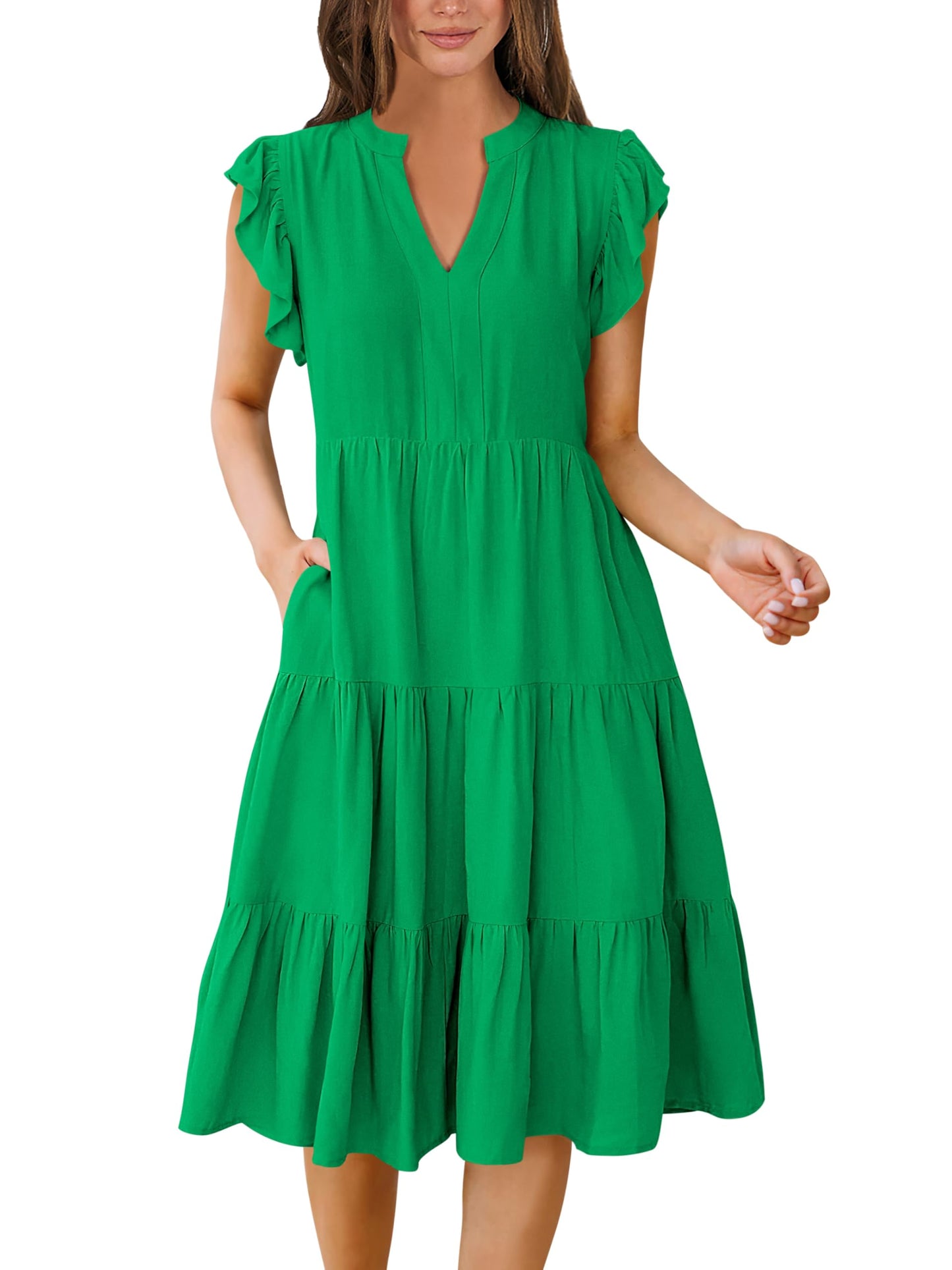 Blue Casual Dresses - Women's Summer Midi Dress - Ruffle Sleeve V-Neck Boho Beach Dress