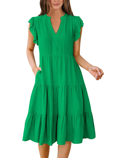 Blue Casual Dresses - Women's Summer Midi Dress - Ruffle Sleeve V-Neck Boho Beach Dress