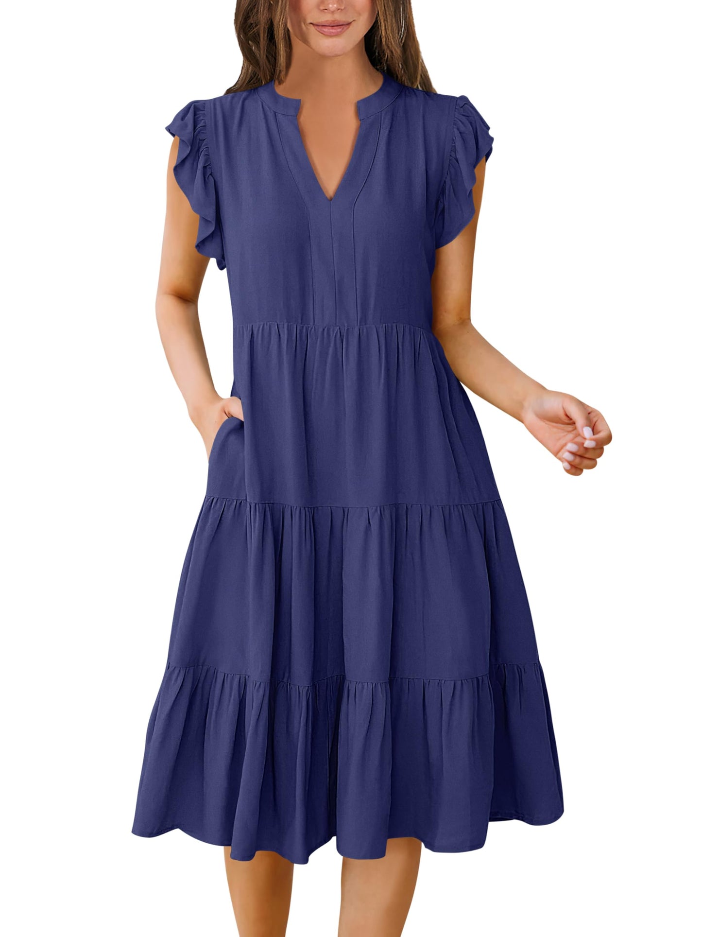 Blue Casual Dresses - Women's Summer Midi Dress - Ruffle Sleeve V-Neck Boho Beach Dress