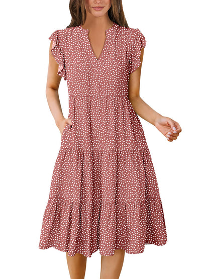 Blue Casual Dresses - Women's Summer Midi Dress - Ruffle Sleeve V-Neck Boho Beach Dress