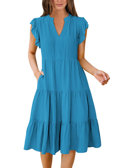 Blue Casual Dresses - Women's Summer Midi Dress - Ruffle Sleeve V-Neck Boho Beach Dress