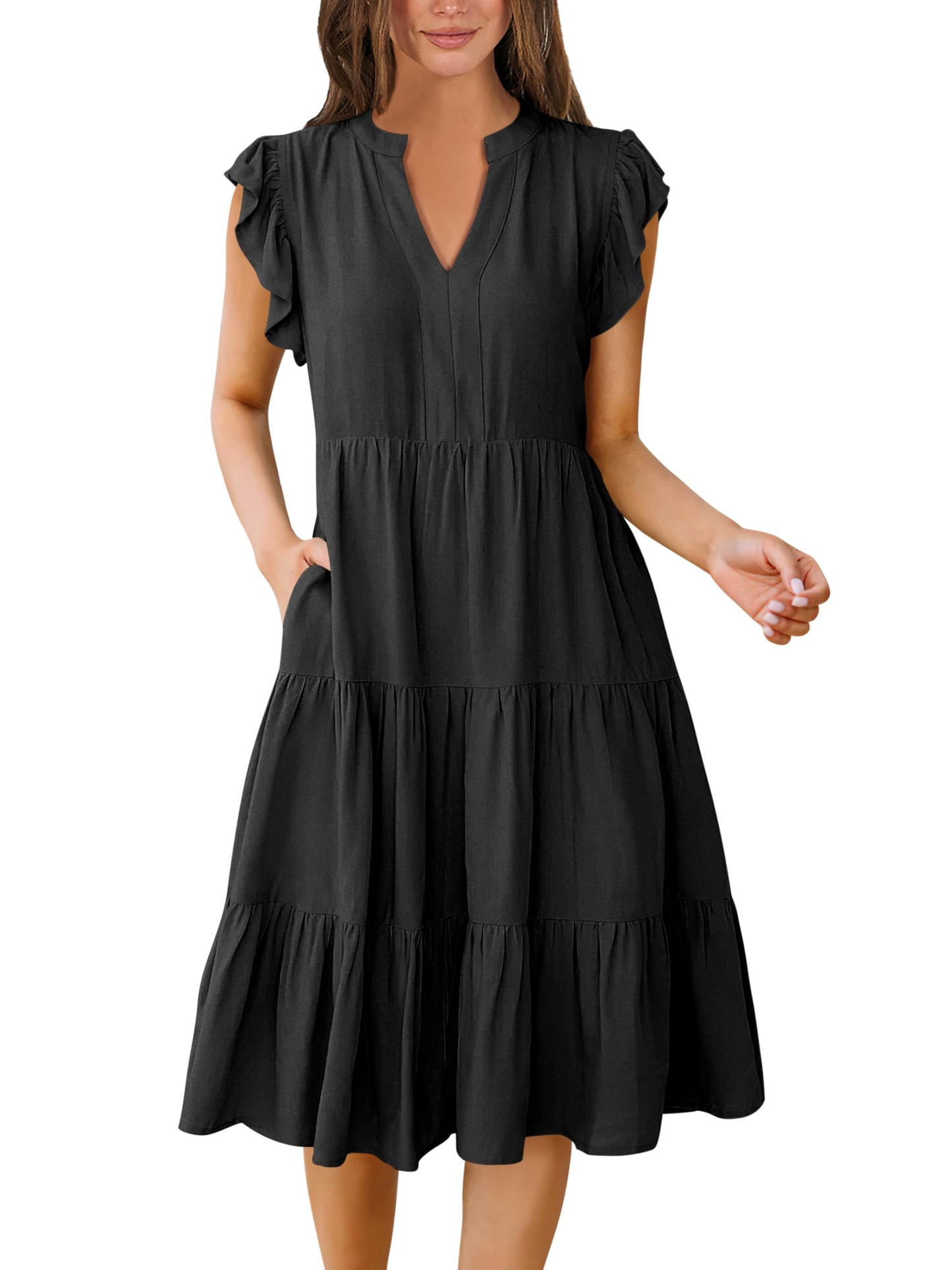 Blue Casual Dresses - Women's Summer Midi Dress - Ruffle Sleeve V-Neck Boho Beach Dress