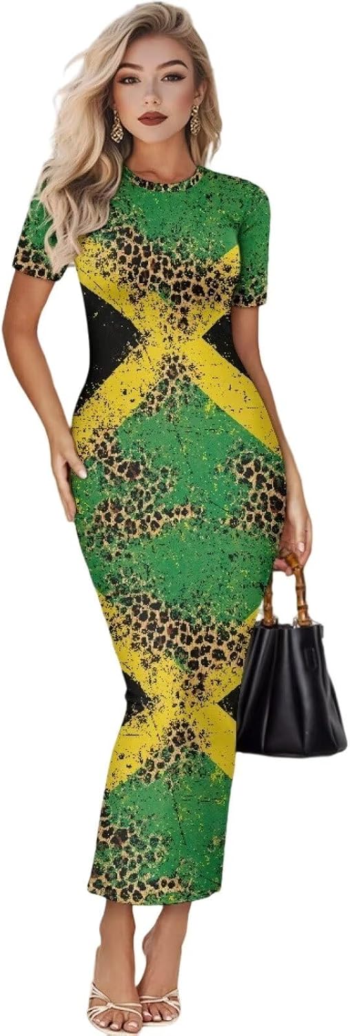 Women's Jamaican Flag Bodycon Midi Dress Short Sleeve