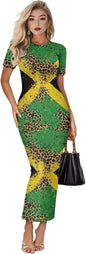 Women's Jamaican Flag Bodycon Midi Dress Short Sleeve