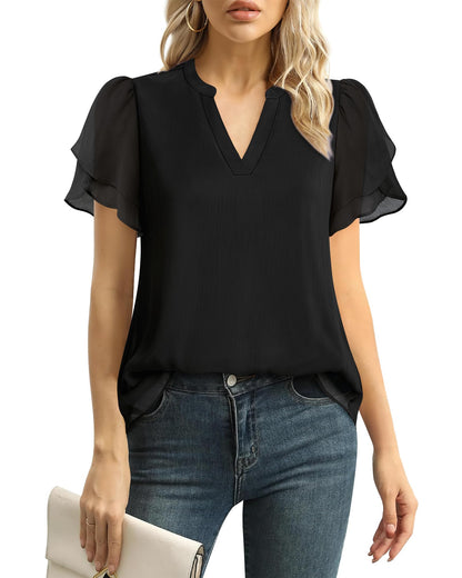 Polyester Blouses - Women's Chiffon Blouse V-Neck Puff Sleeve Summer Top for Work and Casual Wear