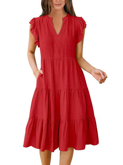 Blue Casual Dresses - Women's Summer Midi Dress - Ruffle Sleeve V-Neck Boho Beach Dress