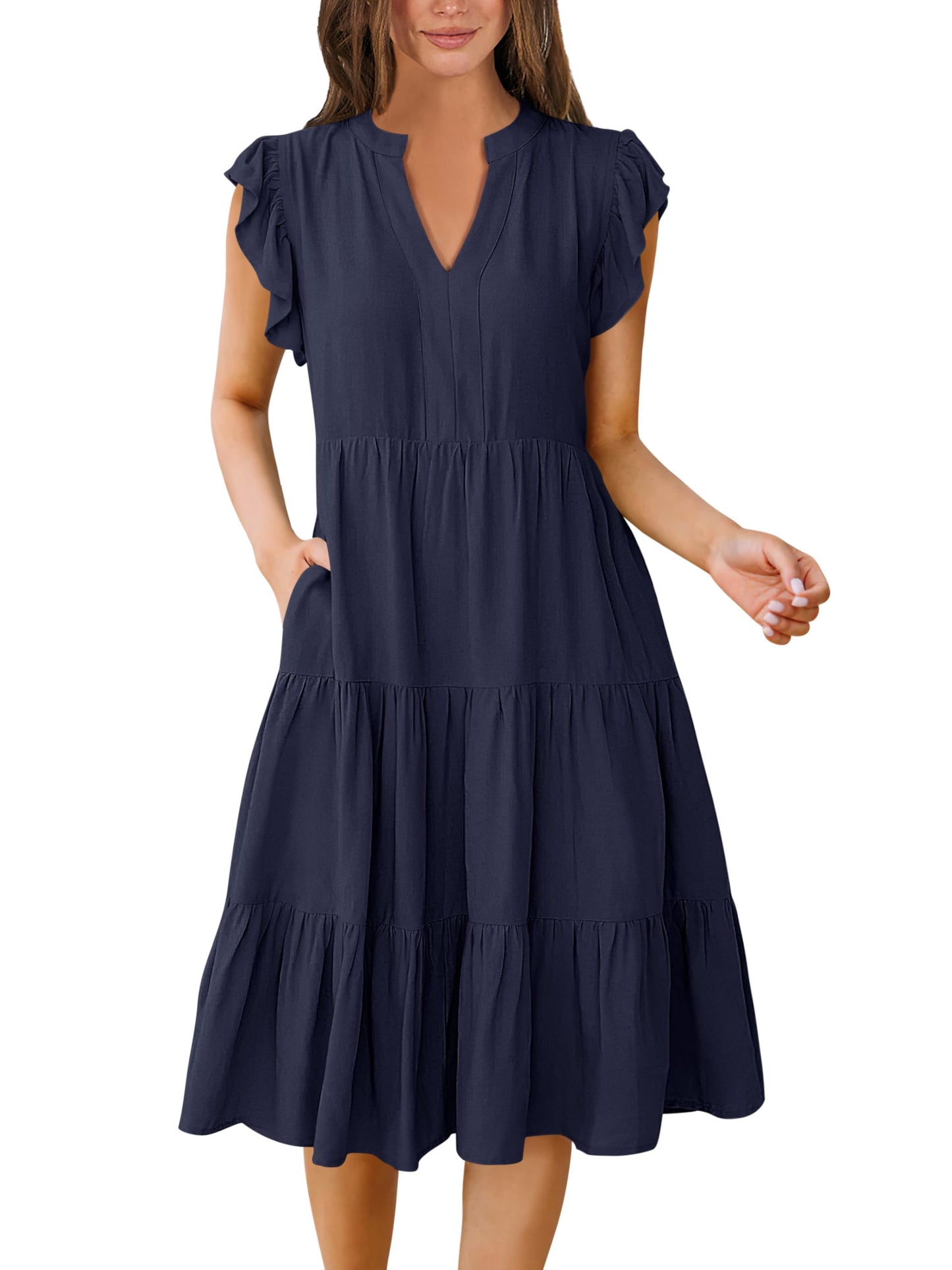 Blue Casual Dresses - Women's Summer Midi Dress - Ruffle Sleeve V-Neck Boho Beach Dress